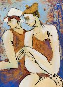 An unframed acrylic work on paper, two seated figures. H.40 W.29cm