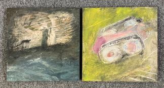 A pair of mixed media paintings by Harry Adams (STOT21stCPlanB) with titles and monograms/signatures