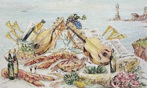 Basil Jonzen, signed still life oil on board with notes to reverse, in a gilt frame. H.47 W.62cm