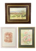 An unsigned watercolour on paper in a carved oak frame and an indistinctly signed and editioned