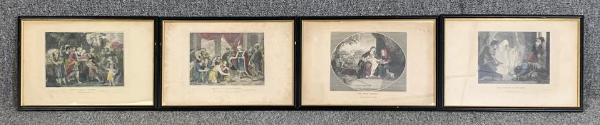 A set of four 19th century hand coloured engravings, Biblical scenes, framed and glazed. H.30 W.45cm