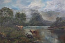An early 20th century oil on canvas, highland cattle in a landscape, signed and dated, A L Watson.