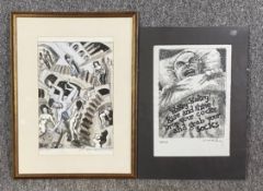 Two framed and glazed pen drawings, one with acknowledgements to M C Escher, signed Ken Cox. H.46