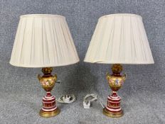 A pair of vintage hand painted ceramic and gilt metal neoclassical Sevres style table lamps. H.