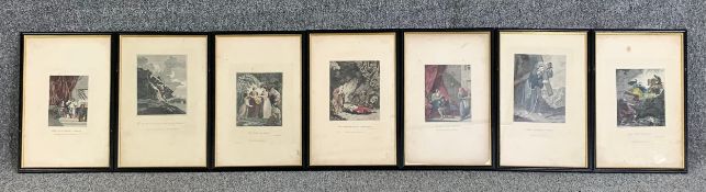 A set of seven 19th century hand coloured engravings, Biblical scenes, framed and glazed. H.45 W.