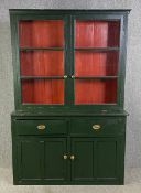 A 19th century painted pine two section kitchen dresser. H.213 W.142 D.44cm