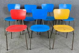 A set of seven vintage Danish M H Stalmobler dining chairs, bent ply with original paintwork. H.80cm
