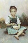 A large oleograph on canvas, girl with a spoon and bowl, framed and mounted, H.118 W.87cm