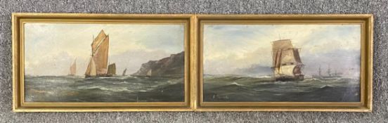 A pair of 19th century oils on board, sailing ships at sea, indistinctly signed. H.25 W.45cm (each)