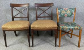 A pair of Georgian mahogany dining chairs along with a vintage oak side chair. H.90cm (largest)