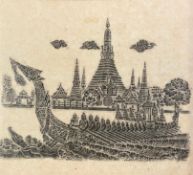 A Thai charcoal on rice paper rubbing, framed and glazed. H.47 W.52cm