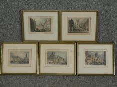 A set of five framed and glazed engravings, London landmark buildings. H.23 W.26cm. (each).