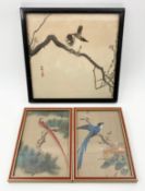 Ohara Koson, a Japanese woodblock print with notes to reverse and two Chinese paintings on silk. All