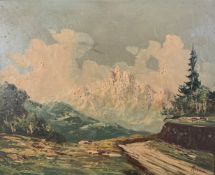 Oil on board, continental school mountainous landscape, signed. H.49 W.59cm