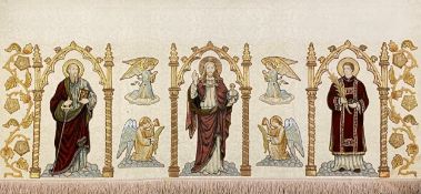 An embroidered needlework altar, sewn with metal thread. With fitted cover. H.94 W.196 D.80cm