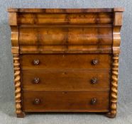 A Victorian flame mahogany chest of drawers fitted with two secret frieze drawers. H.121 W.115 D.