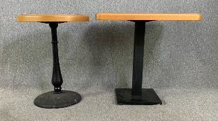 Two beech side tables on metal pedestal supports. H.77 W.75 D.75cm (largest)