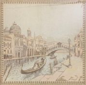 A vintage framed and glazed tapestry of a Venetian canal scene. H.75 W.76cm