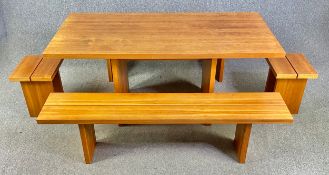 A contemporary fruitwood refectory style dining table with the matching benches and stools. H.75 W.