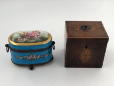 A Georgian satinwood inlaid caddy and a French hand decorated dressing table box. H.10cm (largest).