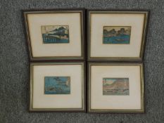 A set of four 19th century Japanese hand coloured woodblock prints, figures in landscape settings,