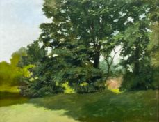 A signed impressionist style oil on board 'Shadow on the Lawn', by Vivian Bewick with note to