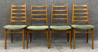 A matched set of mid century Danish beechwood ladder back chairs. Upholstered in green corduroy. H.