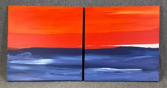 Ben Lowe (b.1976), oil on canvas diptych, abstract composition, signed and dated. H.90 W.90cm (