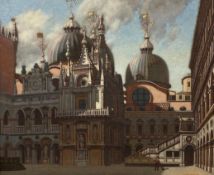 A signed oil on canvas, 'The Man with the Broom: Palazzo Ducale, Venice' by Vivian Bewick. H.65 W.