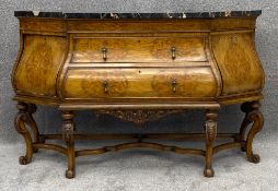 A Dutch style marble topped walnut sideboard of bombe form with marquetry inlaid panels. H.90 W.