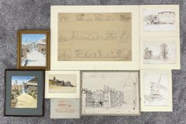 A collection of pen and pencil sketches on paper, along with with two framed watercolours by