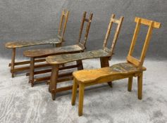 Four vintage donkey bench artist's easels. Three pine and one beech, two with Winsor and Newton
