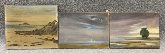 Three unsigned seascapes; oils on canvas. H.31 W.36cm