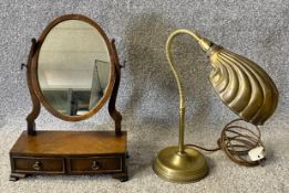 A small 19th century mahogany toilet mirror and a brass Art Deco style table lamp. H.41cm (largest)