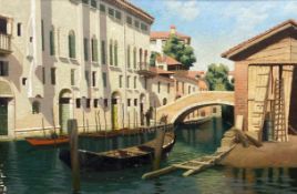 A signed impressionist style Venetian scene, oil on board by Vivian Bewick in a gesso frame. H.64