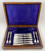 A Mappin Brothers part set of silver plated cutlery in a burr elm fitted box. H.7 W.43 D.31cm