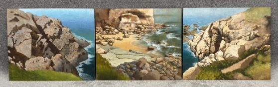 A signed impressionist style rock study in oil on board 'Strumble Head', by Vivian Bewick, along