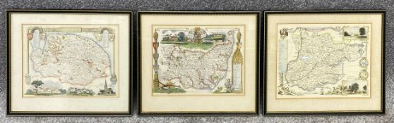 Three hand coloured reproduction maps by T. Moule. All framed and glazed. H.31 W.36cm (each)