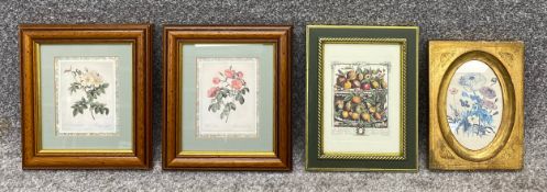 Four reproduction prints of flowers. One in a giltwood frame, all framed and glazed. H.23 W.21cm (
