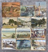 A collection of twelve watercolour paintings on paper by Bernard Bowerman. Mostly signed. H.38 W.