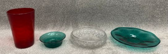A collection of three items of vintage coloured art glass along with a cut glass dish. H.87cm (