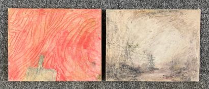 A pair of mixed media paintings by Harry Adams (STOT21stCPlanB) with titles and monogram/signature
