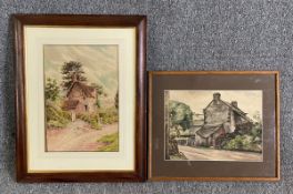 Two framed and glazed watercolours; 1 signed S. E. Hall in an oak frame, the other unsigned with