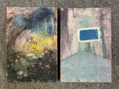 A pair of mixed media paintings by Harry Adams (STOT21stCPlanB) with titles to reverse. Both