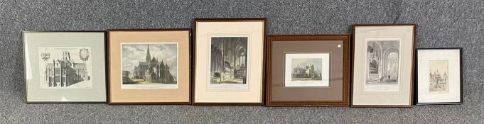 Five ecclesiastical themed engravings and an etching of St. Paul's by W. Haiburn?. All framed and