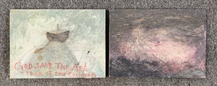 A pair of mixed media paintings by Harry Adams (STOT21stCPlanB) with titles to reverse. Both signed.