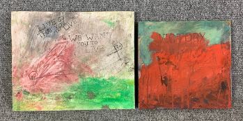 Two mixed media paintings by Harry Adams (STOT21stCPlanB) with titles and monogram/signature to