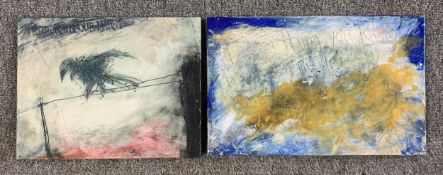 Two mixed media paintings by Harry Adams (STOT21stCPlanB) with titles to reverse. Signed. H.25 W.