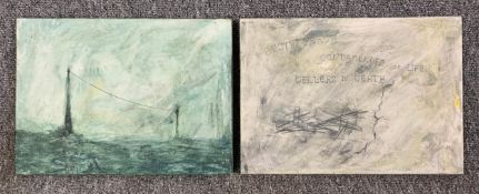 A pair of mixed media paintings by Harry Adams (STOT21stCPlanB) with titles to reverse. Both signed.