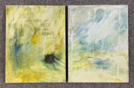 A pair of mixed media paintings by Harry Adams (STOT21stCPlanB) with titles to reverse. Both signed.